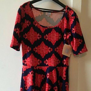 Lularoe NICOLE Dress A line Fit and Flare Navy Blue and Red Boho Print NEW NWT